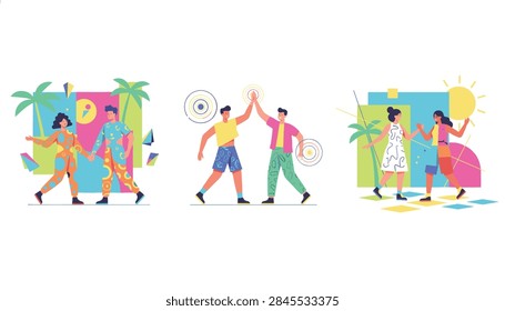 Three summer scenes showcasing young happy couples high fiving, walking hand in hand, and socializing on a clean white background.