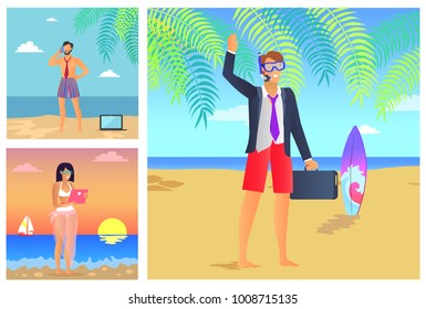 Three summer time posters vector illustration with smiling businessman in blue diving mask, speaking man pretty girl with pink device on evening beach