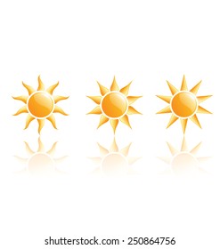 Three sun icons with reflection on white background