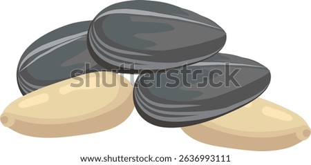 Three sunflower seeds and two pine nuts are forming a small pile, isolated on a white background, creating a simple yet visually appealing arrangement