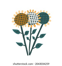 Three sunflowers hand drawn vector illustration. Floral ink pen doodle. Scandinavian style freehand drawing. Isolated floral design element.