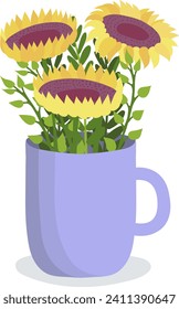 Three sunflowers in purple cup, bright yellow petals and green leaves arrangement. Summer flowers and home decoration vector illustration.