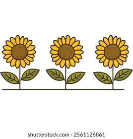 Three sunflowers in a row, each with a brown center, yellow petals, and green stem with two pairs of green leaves, evenly spaced and horizontally aligned.