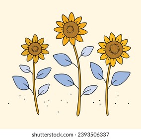 Three sunflowers with stems and leaves. Isolated objects. Vector illustration.