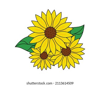 Three sunflowers and two green leaves logo design on white background.