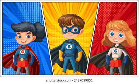 Three superheroes posing with colorful backgrounds