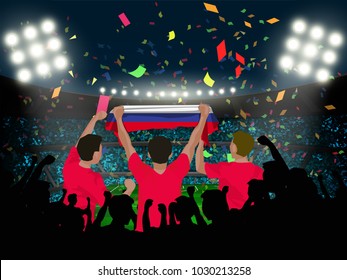 three supporter hold Russia flag among silhouette audience in soccer stadium in vector illustration. concept for football result template use in web or mobile phone application