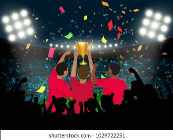 three supporter hold trophy cup among silhouette audience in soccer stadium in vector illustration. concept for football result template use in web or mobile phone application