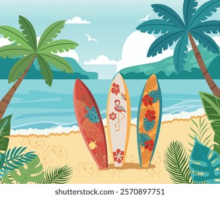 The Three surf Boards standing on tropical beach with palm background. Seashore beach landscape with colorful surfboard. Concept for surfing, rest, holidays, resort design.