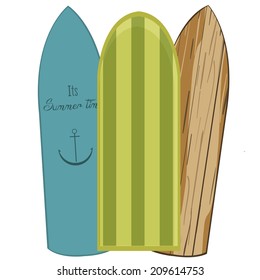 three surfboards with some designs and textures within them