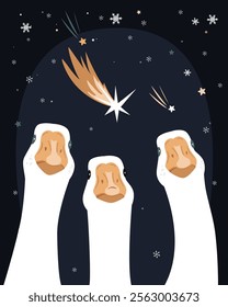 Three surprised goose birds and snow cartoon shooting stars in the sky isolated illustration. Merry Christmas card. Comet vector
