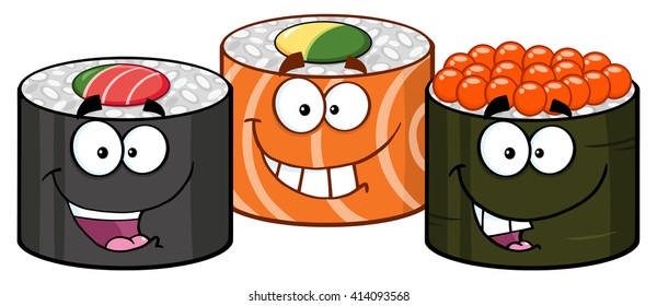 Three Sushi Roll Cartoon Mascot Characters. Vector Illustration Isolated On White