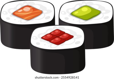 Three sushi rolls with vibrant toppings displayed