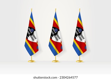 Tres banderas de Suazilandia en fila en un puesto dorado, ilustración de la conferencia de prensa y otras reuniones. Ilustración vectorial.