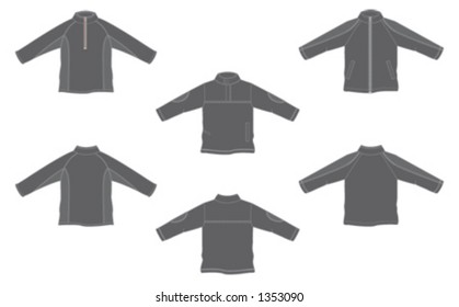 Three sweatshirts, front and back, with long and short zip and without