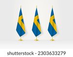 Three Sweden flags in a row on a golden stand, illustration of press conference and other meetings. Vector illustration.