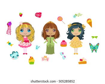 Three sweet and adorable cartoon princesses with accessories. 