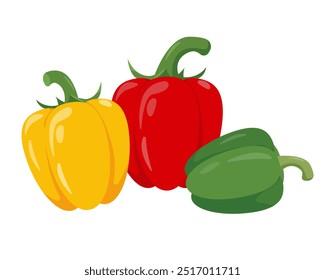 Drei süße Paprika in verschiedenen Farben. Rote, gelbe und grüne Paprika-Gemüsepflanze, vegetarisches Essen. Vektorsymbolgrafik einzeln auf weißem Hintergrund.