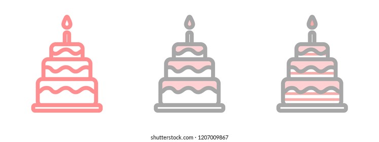 Three sweet cakes with candles, set of flat vector icons. Card design.