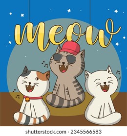 Three Sweet cats sing Meow in the street at mid night. Eps-Vector 