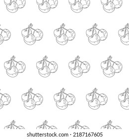 Three sweet cherries on a stem, black line drawing seamless pattern