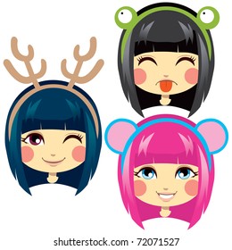 Three sweet girl heads wearing cute animal costume headbands for carnival