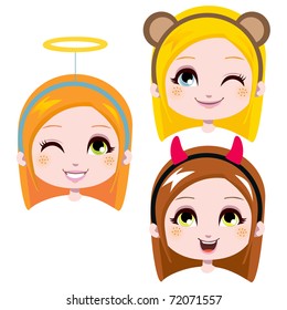 Three sweet girl heads wearing cute costume headbands for carnival