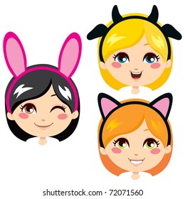 Three sweet girl heads wearing animal costume headbands for carnival