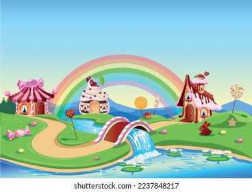 Three sweet houses with chocolate, waffles and cookies, decorated with sweets and a bridge over a river in candy country. Fairy tale background with gingerbread house in cartoon style vector svg