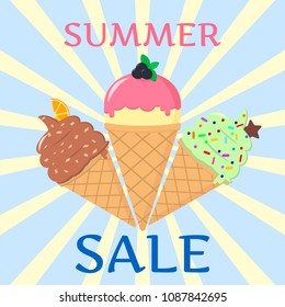 Three sweet ice cream on the background of the rays. Summer sale. Flat , vector illustration.
