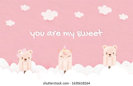 three sweet style popsicle ice cream put on white clouds and sky.unicorn face and teddy bear cute cartoon lover show for bakery dessert shop.design about cover website order birthday card.