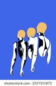 Three swimmers standing with their backs. Vector illustration. Suitable for a postcard or a poster.