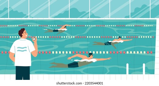 Three swimmers training in swimming pool with coach flat vector illustration