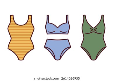Three women’s swimsuits in different styles and colors, representing summer fashion and beach essentials