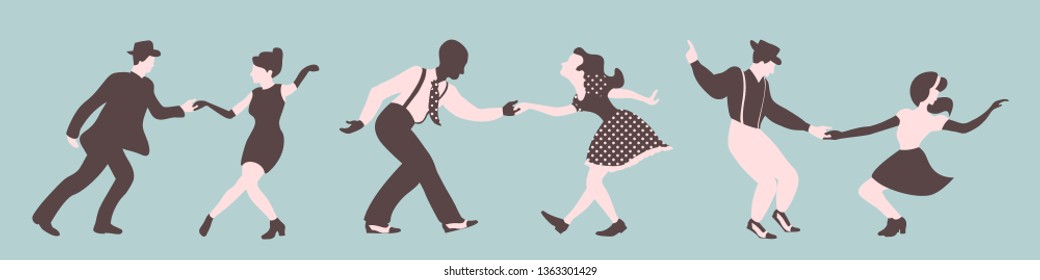 Three swing dance couples silhouettes on a green background