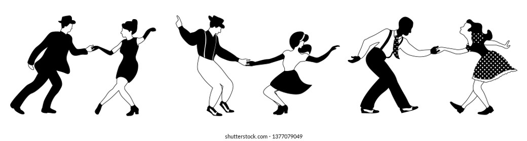 Three swing dance couples silhouettes black and white on white background