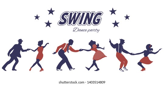 Three swing dance couples silhouettes in red and blue colors with inscription and stars on white background. 1940s style. Flat vector illustration.