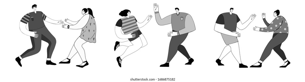 Three swing dance couples silhouettes black and white on white background 