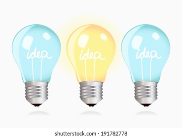 Three switched off light bulbs upside down and one light bulb alight and all of them with text - idea