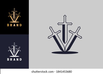 Modelo de diseño de logotipo de tres espadas, identidad de marca moderna y elegante.
