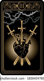 The Three of swords. Card of Minor arcana black and gold tarot cards. Tarot deck. Vector hand drawn illustration with skulls, occult, mystical and esoteric symbols.