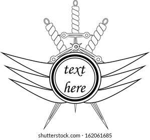 three swords with a curved handles and text with wings