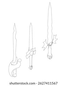 Three swords are drawn in black and white. The first is a long sword with a curved blade and a pointed tip. The second is a shorter sword with a straight blade and a pointed tip