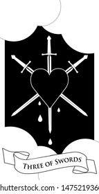 Three of swords. Heart pierced by three swords on clouds background. Blood drops.