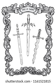 Three of swords. Minor Arcana tarot card. The Magic Gate deck. Fantasy engraved vector illustration with occult mysterious symbols and esoteric concept