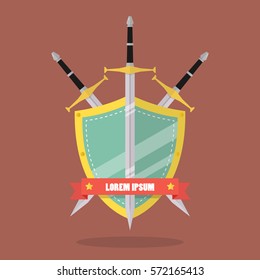 Three swords and shield flat style badge icon. Vector illustration