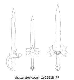 Três espadas são mostradas em um fundo branco. A primeira espada é uma lâmina longa e fina com uma ponta curva. A segunda espada é mais curta e mais larga, com uma ponta pontuda. A terceira espada é a mais longa