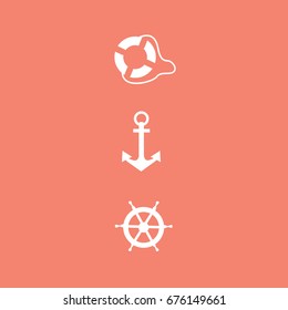 three symbols cartoon vector. Marine Equipment vector. Life Buoy sign & saver, nautical rudder ship helm icon or wheel & anchor flat design isolated 