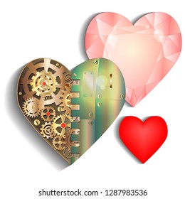 Three symbols of the heart: in the form of mechanical, precious stone and fabric.