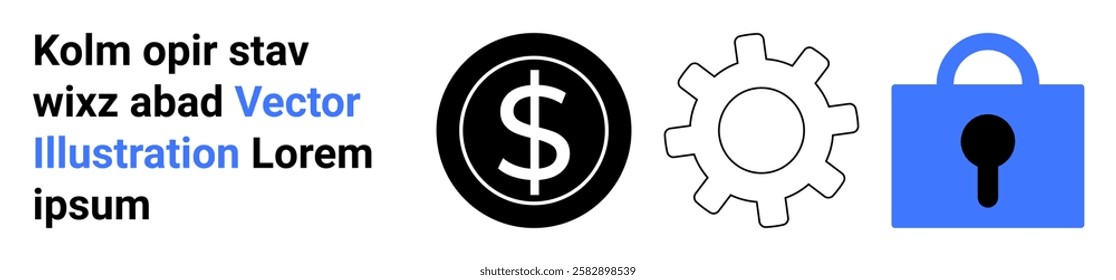 Three symbols represent financial security and optimization. A dollar sign, a gear, and a lock evoke themes of finance, technology, security, innovation, and systems. Ideal for financial services